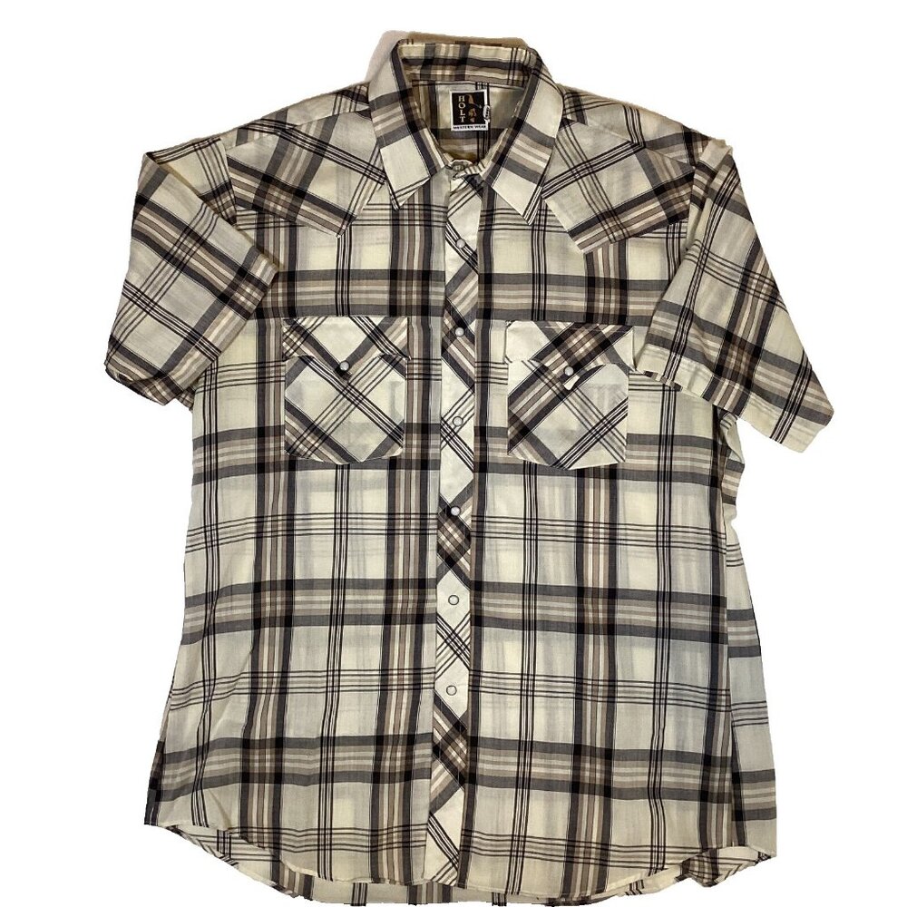 Holt Wester Wear LG Short Sleeve Pearl Snaps Beige/Brown See Pics / Details